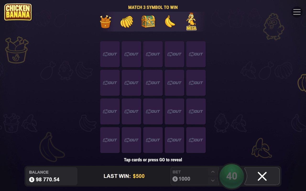 Chicken Banana Screenshot 1 – Spielraster mit Symbolübersicht Huhn, Bananen und Truhe