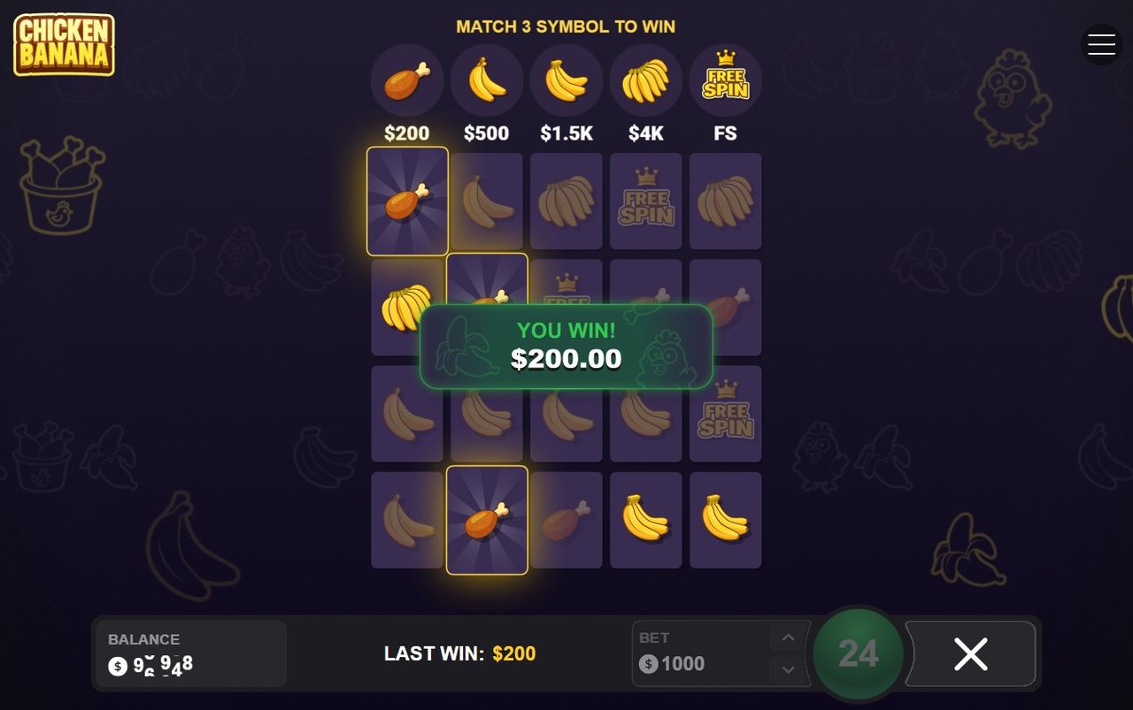 Chicken Banana Screenshot 2 – aufgedeckte Karten mit Gewinnanzeige 200 Dollar