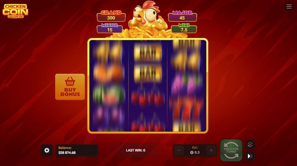 Chicken Coin Screenshot 1 – Spielraster mit Grand-, Major-, Minor- und Mini-Jackpot-Anzeige