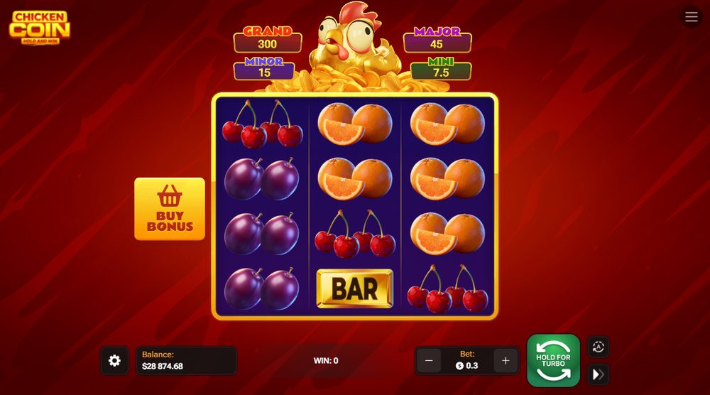 Chicken Coin Screenshot 2 – laufende Runde mit Frucht- und BAR-Symbolen