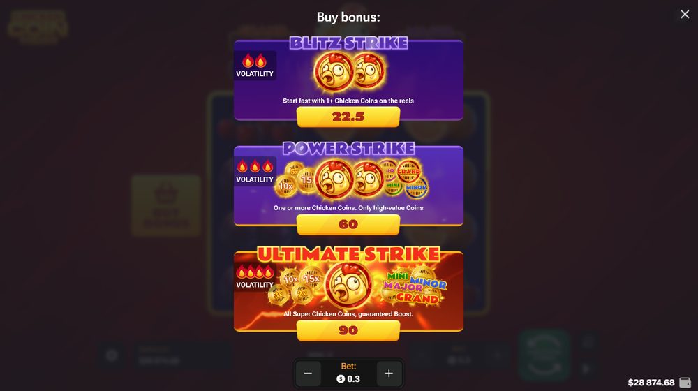 Chicken Coin Screenshot 3 – Buy-Bonus-Auswahl mit Blitz, Power und Ultimate Strike