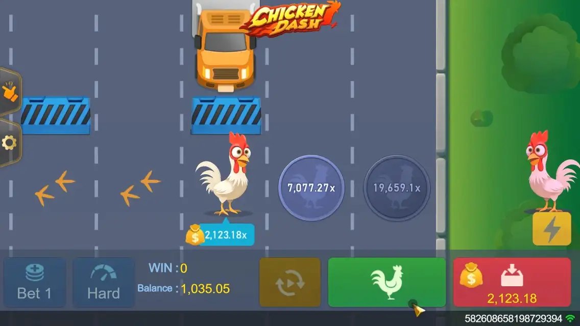 Chicken Dash Screenshot 1 – laufende Runde mit Multiplikatorfeldern bis 19.659x und Lkw-Hindernis