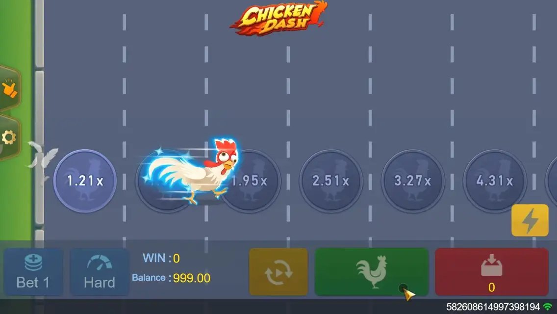 Chicken Dash Screenshot 2 – Huhn läuft im Hard-Modus über die Straße mit Multiplikatoren von 1,21x bis 4,31x