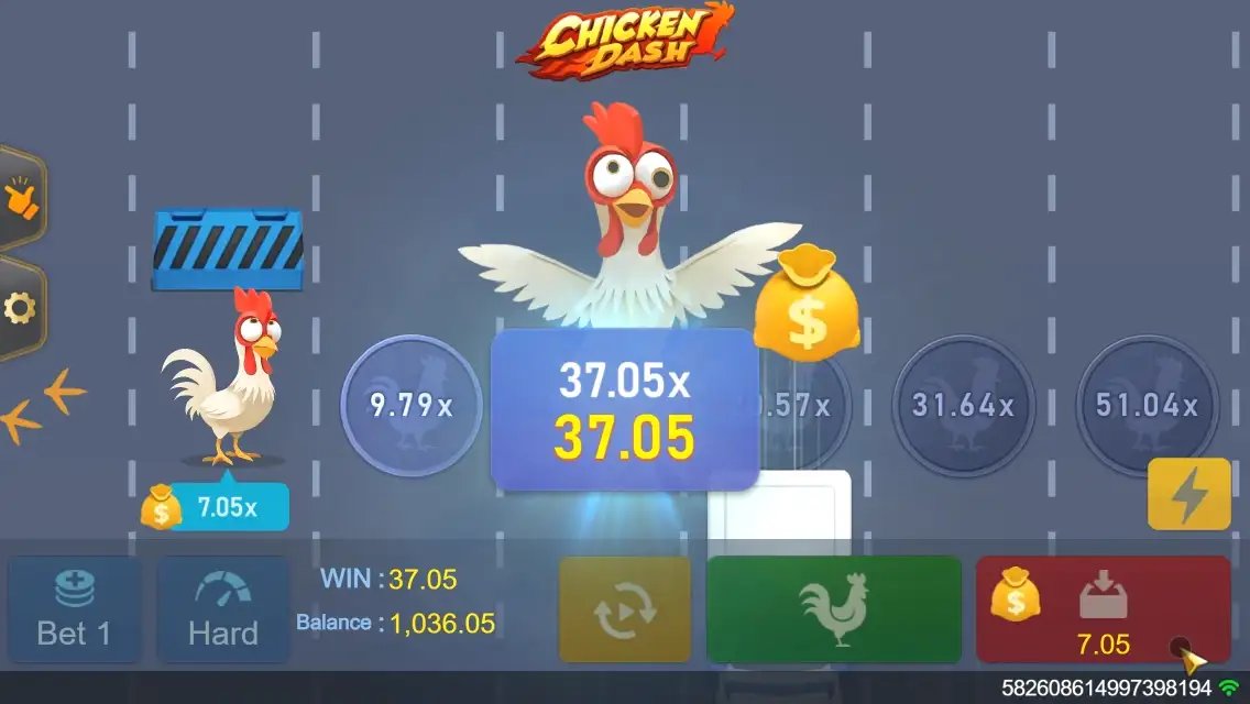 Chicken Dash Screenshot 3 – Cash-Out-Moment mit Gewinnanzeige von 37,05x
