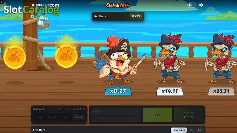 Chicken Pirate Screenshot 4 – Gewinnbildschirm nach einem Cashout bei x8.27
