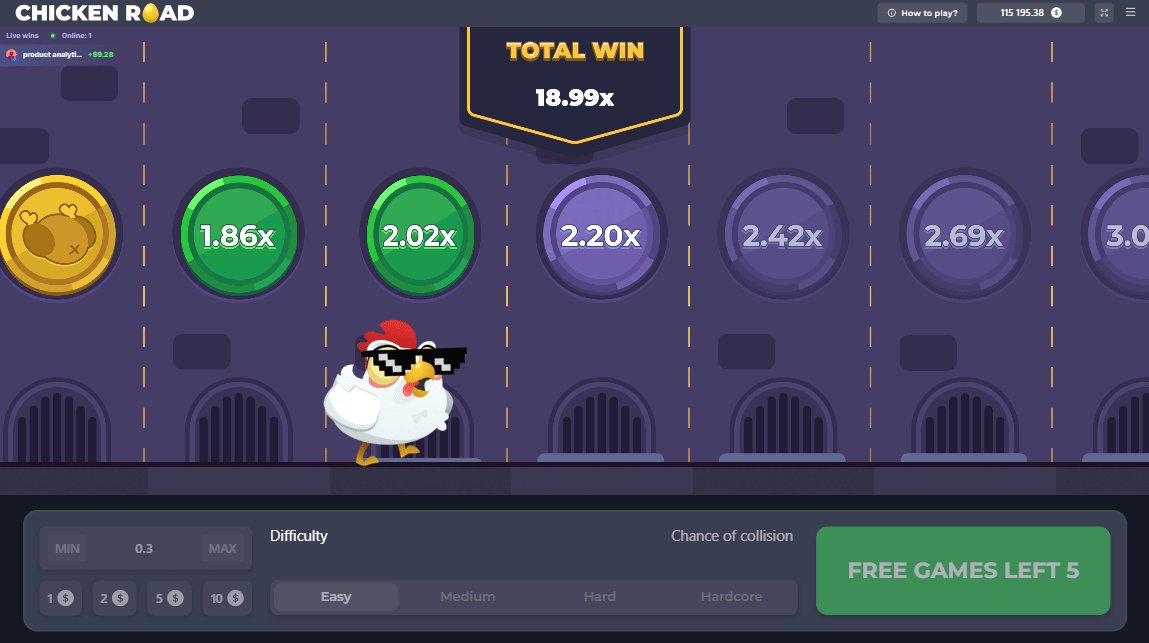 Chicken Road Bonus Screenshot 1 – laufende Runde mit Multiplikator-Reihe und Free-Games-Zähler