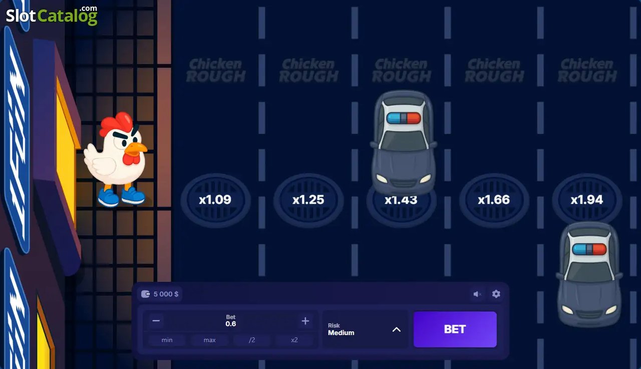 Chicken Rough Screenshot 2 – Startbildschirm mit Straßenspuren und Multiplikatoren, laut SlotCatalog