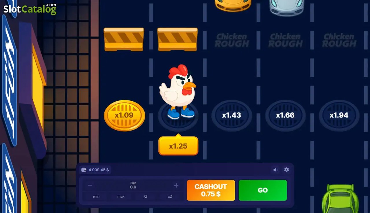 Chicken Rough Screenshot 3 – laufende Runde mit Cash-Out-Anzeige, laut SlotCatalog