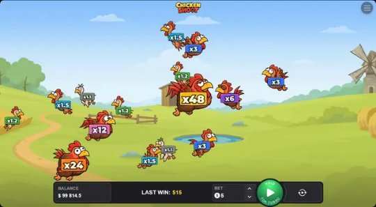 Chicken Shoot Screenshot 1 – Gameplay-Ansicht mit fliegenden Hühnern und Multiplikatoren